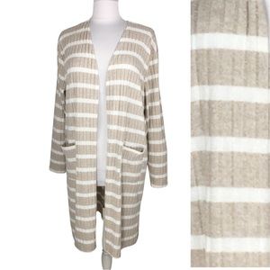 Nine West Open Long Striped Cardigan White Tan Sweater with Pockets size Large